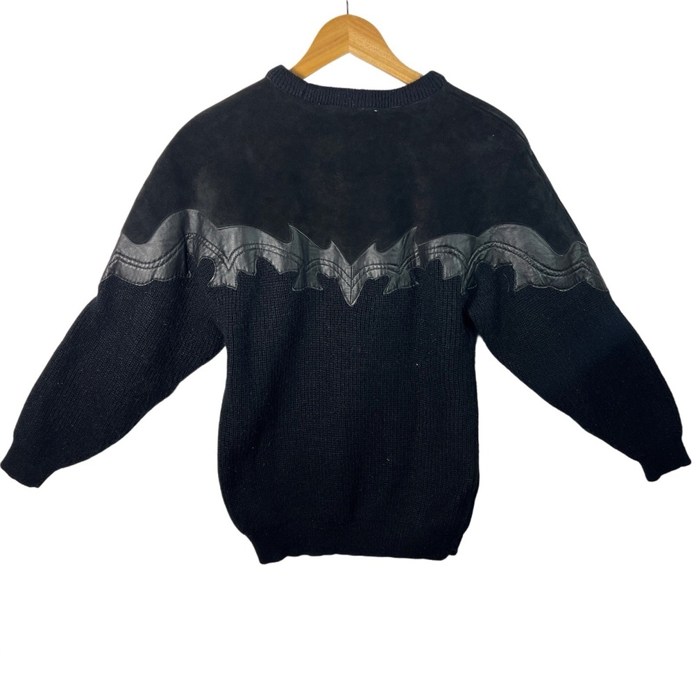Vintage 90s Leather Knit Sweater Mens M Black Grunge Western Textured - Picture 3 of 8